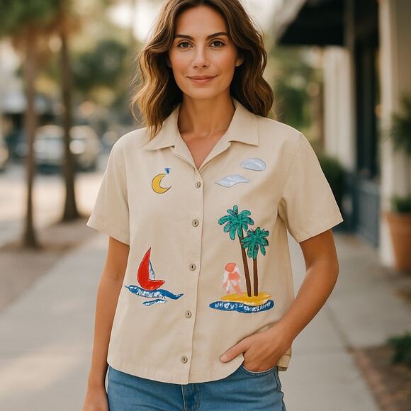 White Stag Top SZ Med Embroidered Flamingo Palm 100% Cotton Art to Wear Boho - Picture 7 of 7